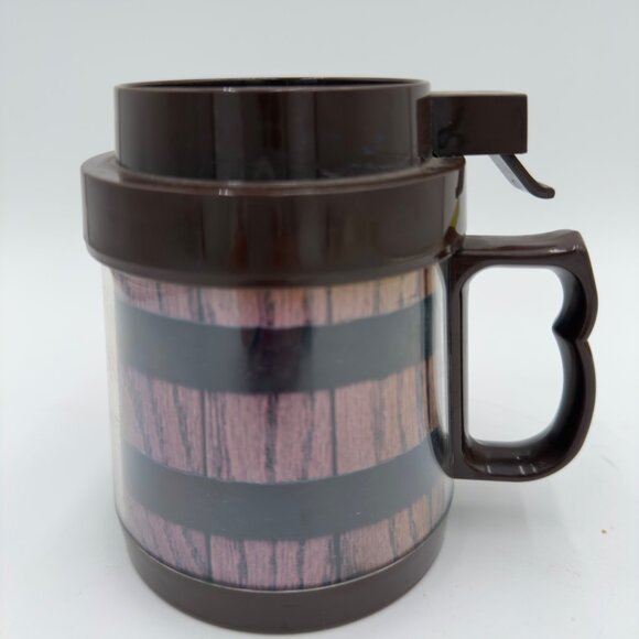 Vintage Thermo-Serv Insulated Striped Mug With Lid Brown Woodgrain Design 12 Oz - Picture 2 of 11